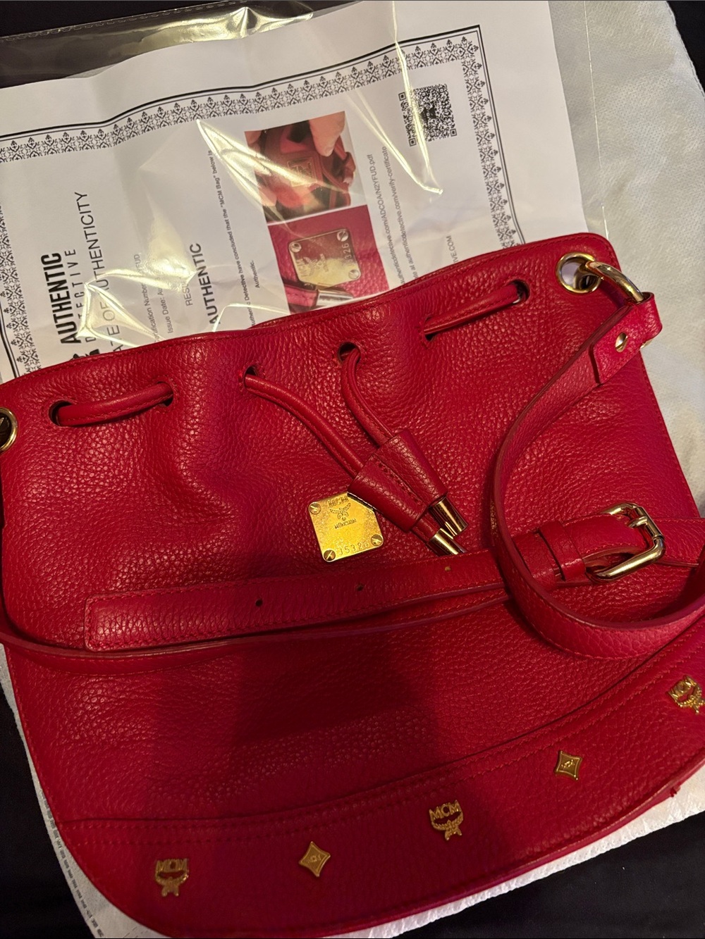 MCM Red Pebbled Leather Drawstring Bucket Shoulder Bag GUC ❤️‍🔥 w/ COA - Picture 7 of 12